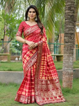 Odette - Red Silk Blend Printed Saree with Unstitched Blouse