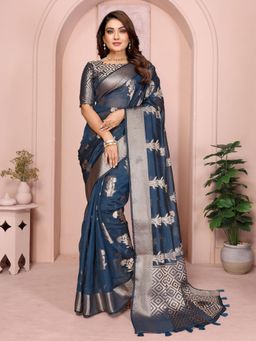 Odette - Steel Blue Silk Blend Woven Saree with Unstitched Blouse
