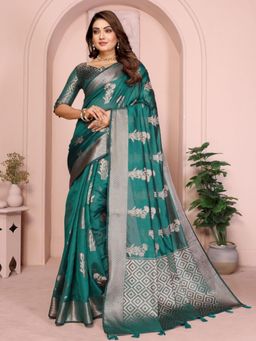 Odette - Teal Silk Blend Woven Saree with Unstitched Blouse