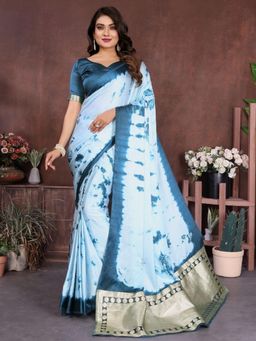 Odette - Light Blue Silk Blend Printed Saree with Unstitched Blouse