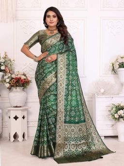 Odette - Dark Green Silk Blend Printed Saree with Unstitched Blouse