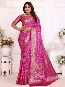 Odette - Pink Silk Blend Printed Saree with Unstitched Blouse