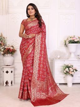 Odette - Red Silk Blend Printed Saree with Unstitched Blouse