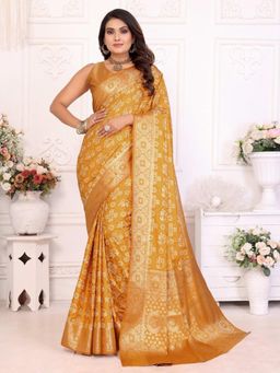 Odette - Yellow Silk Blend Printed Saree with Unstitched Blouse