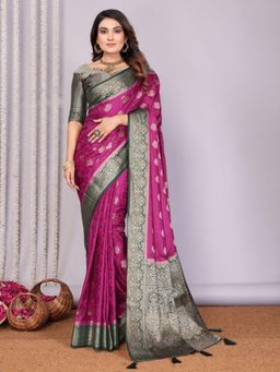 Odette - Magenta Purple Silk Blend Woven Saree with Unstitched Blouse