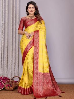 Odette - Yellow Silk Blend Woven Saree with Unstitched Blouse