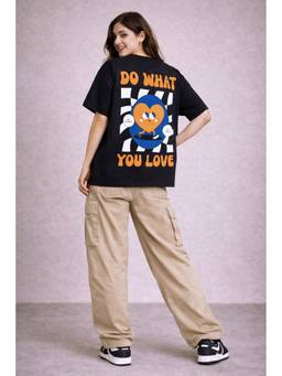 Psyched - Women Black Cotton Blend Oversized Graphic T-Shirt