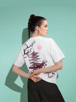 Psyched - Women White Cotton Blend Oversized Graphic T-Shirt