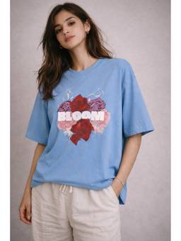 Psyched - Women Blue Cotton Blend Oversized Graphic T-Shirt