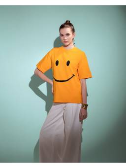 Psyched - Women Orange Cotton Blend Oversized Graphic T-Shirt