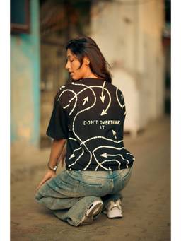 Psyched - Women Black Cotton Blend Oversized Graphic T-Shirt