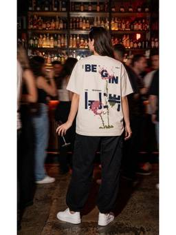 Psyched - Women Off White Cotton Blend Oversized Graphic T-Shirt