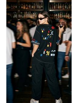 Psyched - Women Grey Cotton Blend Oversized Graphic T-Shirt