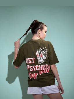 Psyched - Women Olive Cotton Blend Oversized Graphic T-Shirt