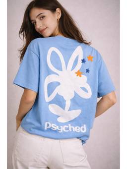 Psyched - Women Blue Cotton Blend Oversized Graphic T-Shirt
