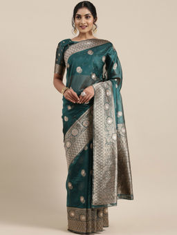 Sareemall - Womens Organza Teal Blue Woven Design Celebrity Saree with Unstitched Blouse