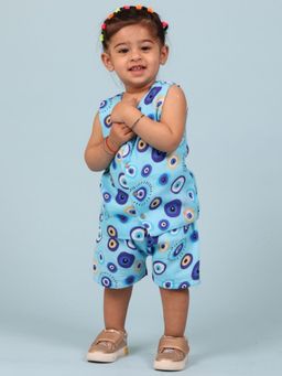 Mama & Peaches - 100% Cotton Muslin Jhabla Top With Shorts, Blue Evil Eye (Set of 2)