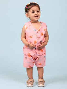Mama & Peaches - 100% Cotton Muslin Jhabla Top With Shorts, Crabs (Set of 2)