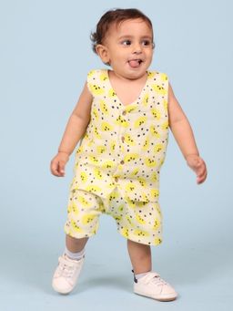 Mama & Peaches - 100% Cotton Muslin Jhabla Top With Shorts, Yellow Lemons (Set of 2)