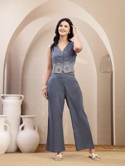 Stylum - Women's Blue & Embroidered Cotton Co-Ord Set