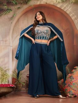 Stylum - Women's Teal Embellished & Embroidered Velvet Co-Ord Set