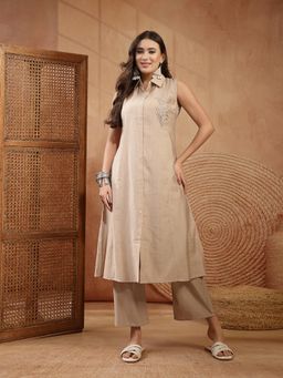 Stylum - Women's Beige Solid Patch Work Poly Silk A-line Kurta With Pant