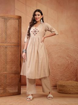 Stylum - Women's Beige Embroidered Cotton A-line Kurta With Pant
