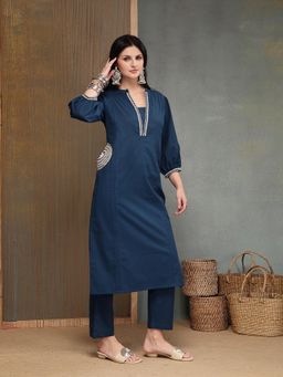 Stylum - Women's Blue Solid Embroidered Cotton A-line Kurta With Pant