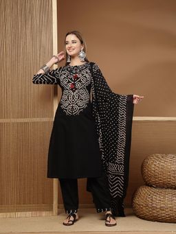 Stylum - Women's Black Bandhej Mirror Work Cotton straight Kurta With Pant & Dupatta