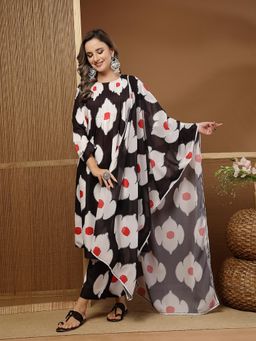 Stylum - Women's Black Floral Printed Rayon A-Line Kurta With Pant & Dupatta