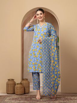 Stylum - Women's Blue Floral Printed Cotton Straight Kurta With Pant & Dupatta