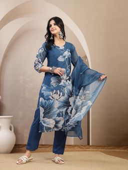 Stylum - Women's Blue Floral Printed Chanderi Silk Straight Kurta With Pant & Dupatta