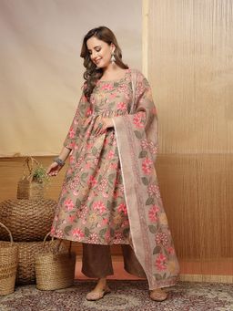 Stylum - Women's Brown Floral Printed Rayon Anarkali Kurta With Pant & Dupatta