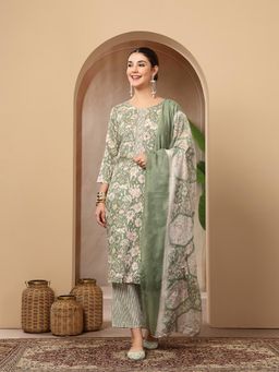 Stylum - Women's Green Floral Printed Cotton Straight Kurta With Pant & Dupatta