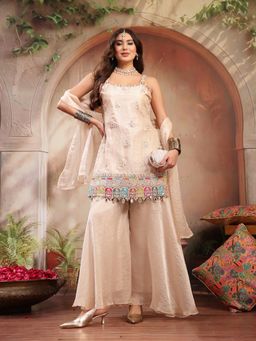 Stylum - Women's Ivory Embroidered Organza Straight Kurti With Palazzo & Dupatta