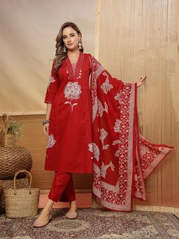 Stylum - Women's Red Floral Embroidered Cotton A-Line Kurta With Pant & Dupatta
