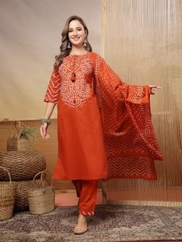 Stylum - Women's Rust Bandhej Mirror Work Cotton straight Kurta With Pant & Dupatta