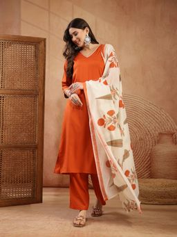 Stylum - Women's Rust Solid Rayon Straight Kurta With Pant & Dupatta