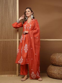 Stylum - Women's Rust Floral Printed Rayon A-Line Kurta With Pant & Dupatta