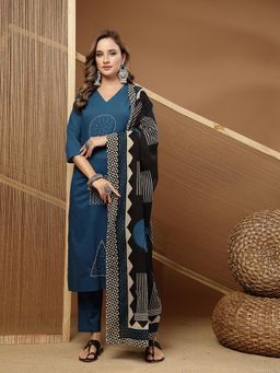 Stylum - Women's Teal Embroidered Rayon Straight Kurta With Pant & Dupatta