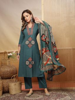 Stylum - Women's Teal Cotton A-Line Kurta With Pant & Dupatta