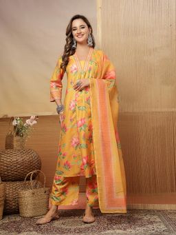 Stylum - Women's Yellow Floral Printed Rayon Anarkali Kurta With Pant & Dupatta