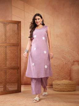 Stylum - Women's Lilac Embroidered Poly Silk A-line Kurta With Pant