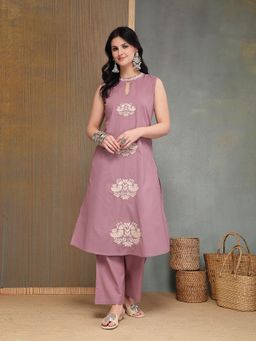 Stylum - Women's Mauve Embroidered Cotton A-line Kurta With Pant