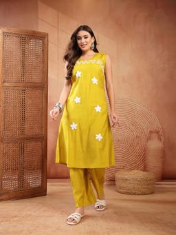 Stylum - Women's Mustard Embroidered Poly Silk A-line Kurta With Pant