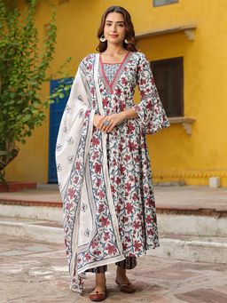 Rain & Rainbow - Women Floral Printed Regular Pure Cotton Kurta With Pant & Dupatta