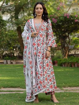 Rain & Rainbow - Women Floral Printed Regular Pure Cotton Kurta With Pant & Dupatta
