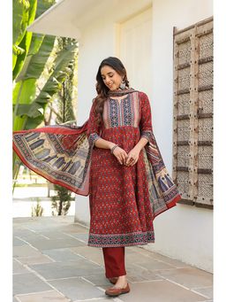 Rain & Rainbow - Women Printed Regular Pure Cotton Anarkali Kurta With Pant & Dupatta