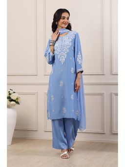 Biba - Women Blue Poly Viscose Straight Kurta With Pant & Dupatta