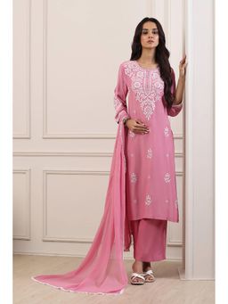 Biba - Women Pink Poly Viscose Straight Kurta With Pant & Dupatta